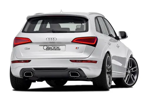 Finální Výprodej CARACTERE spoiler pod originální zadní nárazník pro Audi Q5 (8R2) Facelift r.v. od 2013, provedení včetně koncovek výfuku na obou stranách pro motory 2,0FSI, 3,0TDI, 3,0FSI (*1 *3 *4 *5)