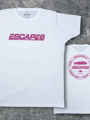 Kup Teď Escape6 bílé unisexové tričko s růžovým potiskem na hrudi i na zádech, velikost XL