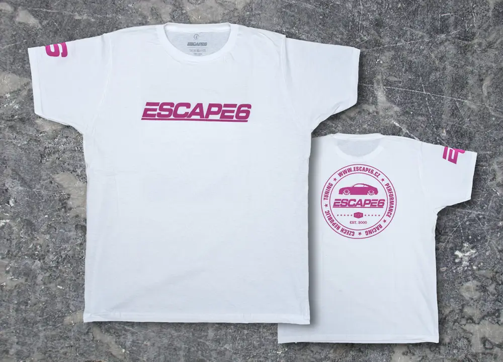 Kup Teď Escape6 bílé unisexové tričko s růžovým potiskem na hrudi i na zádech, velikost XL