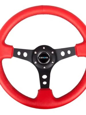Sleva NRG Innovations sportovní volant Deep dish 350mm, v kombinaci červená kůže / černé prošívání, s/bez středového proužku, označení středu volantu Bez označení středu volantu