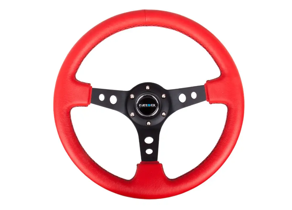 Sleva NRG Innovations sportovní volant Deep dish 350mm, v kombinaci červená kůže / černé prošívání, s/bez středového proužku, označení středu volantu Bez označení středu volantu