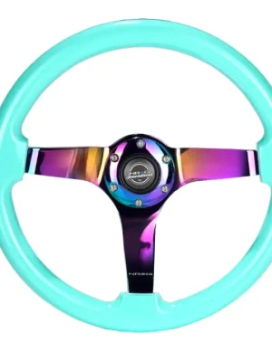 NRG Innovations sportovní dřevěnný volant Deep dish Wood Grain s průměrem 350mm, barva mentolová s NeoChrome středem Rychlé Dodání