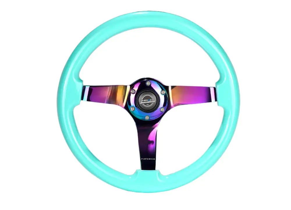 NRG Innovations sportovní dřevěnný volant Deep dish Wood Grain s průměrem 350mm, barva mentolová s NeoChrome středem Rychlé Dodání