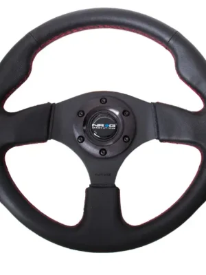 Zlevněný NRG Innovations sportovní volant New Age s průměrem 320mm, v koženém provedení s třemi variantami prošívání, barva prošívání volantu Červená
