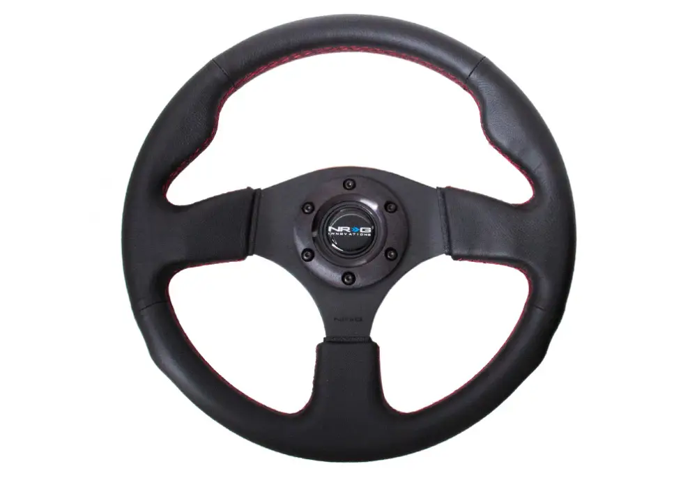 Zlevněný NRG Innovations sportovní volant New Age s průměrem 320mm, v koženém provedení s třemi variantami prošívání, barva prošívání volantu Červená