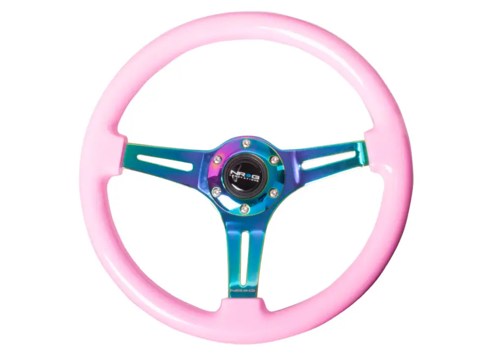Výprodej NRG Innovations sportovní dřevěnný volant Deep Dish Wood Grain s průměrem 350mm, s NeoChrome středem, barva růžová