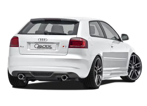 Speciální Cena CARACTERE spoiler pod originální zadní nárazník pro Audi A3 (8P) r.v. od 2008, varianta s výřezem pro originální koncovku výfuku, pro motory 1.4 TFSI, 1.6L, 1.8 TFSI, 2.0 TFSI, 3.2V6, 1.9 TDI, 2.0 TDI