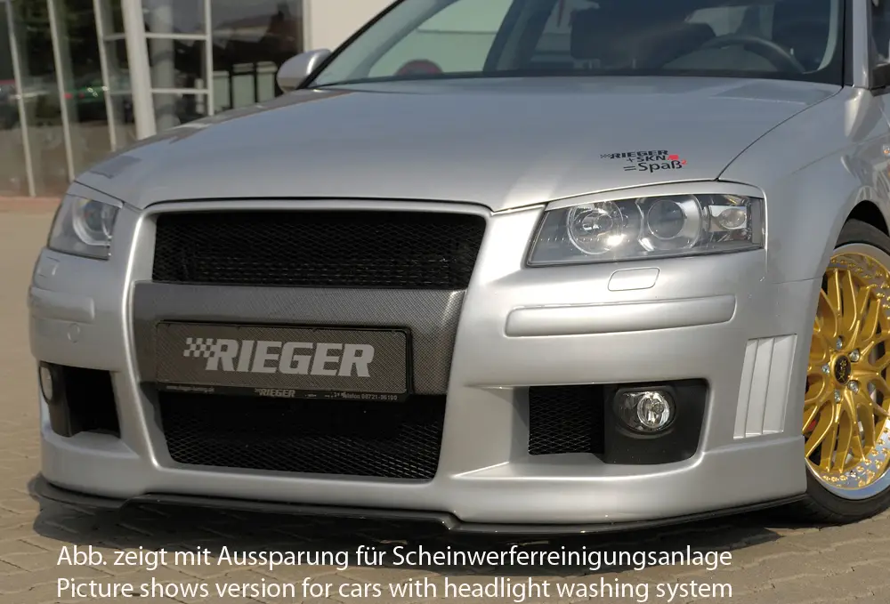 Levný Rieger přední nárazník pro Audi A3 8P 3-dvéř. před faceliftem, plast ABS bez povrchové úpravy, s držáky a kryty originálních mlhových světel, vč. integrované masky, s žebrováním, R-Frame vzhled