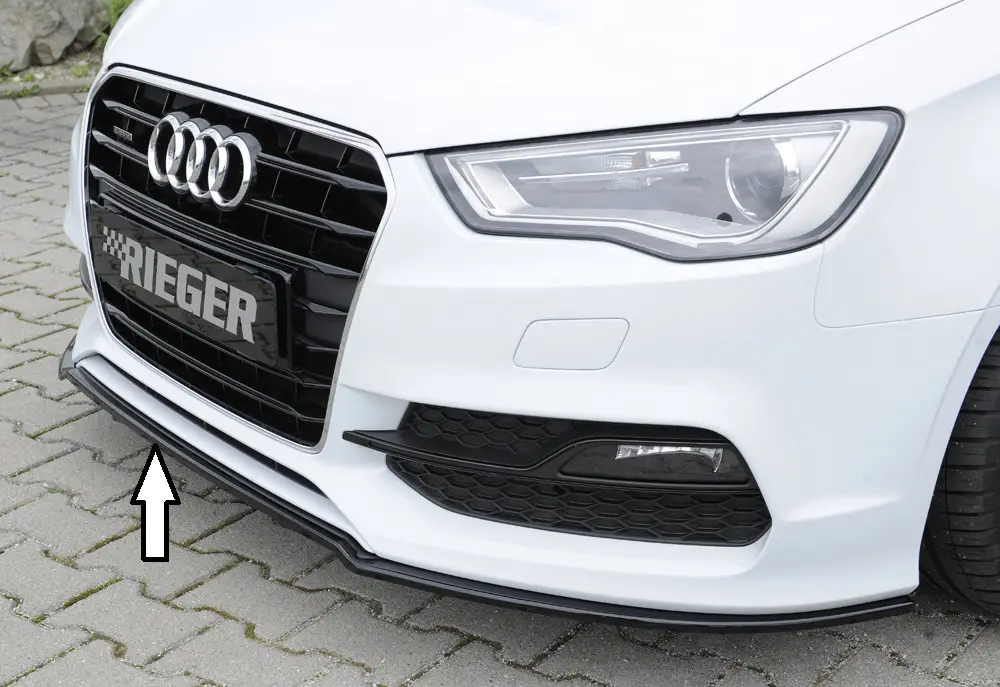 Časově Omezené Rieger lipa pod přední nárazník pro Audi A3 8V 3-dvéř. (convertible 8V7), 5-dvéř. (sedan 8VS) před faceliftem, 07/12-08/16, plast ABS lakovaný do černé lesklé barvy