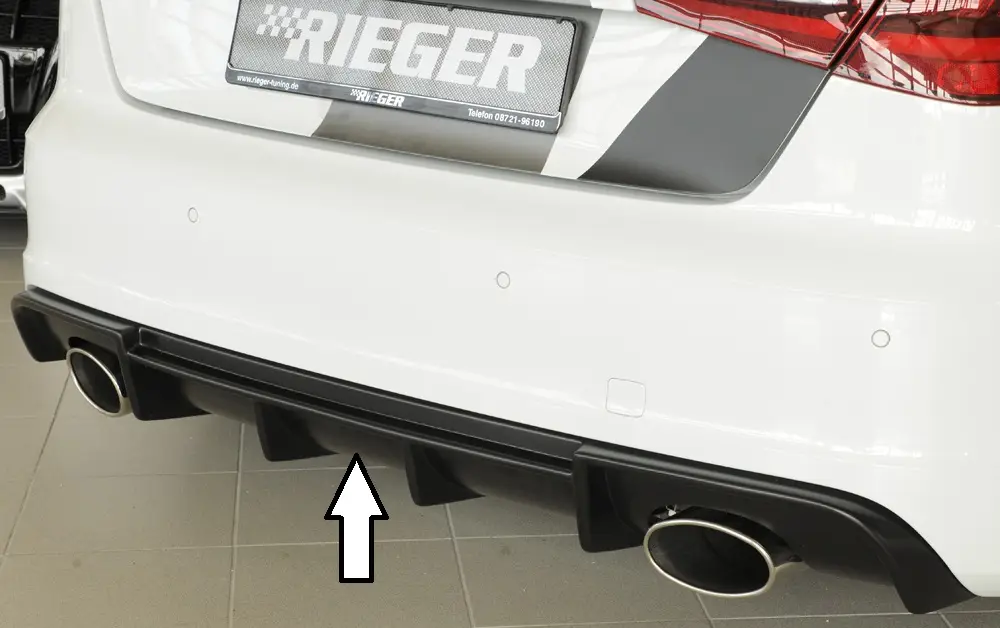 Nová Kolekce Rieger vložka zadního nárazníku pro Audi A3 8V 3-dvéř. (hatchback 8V1), 5-dvéř. (sportback 8VA) před faceliftem, plast ABS bez povrchové úpravy, S-Line, pro sportovní koncovky na obou stranách 152x95 mm