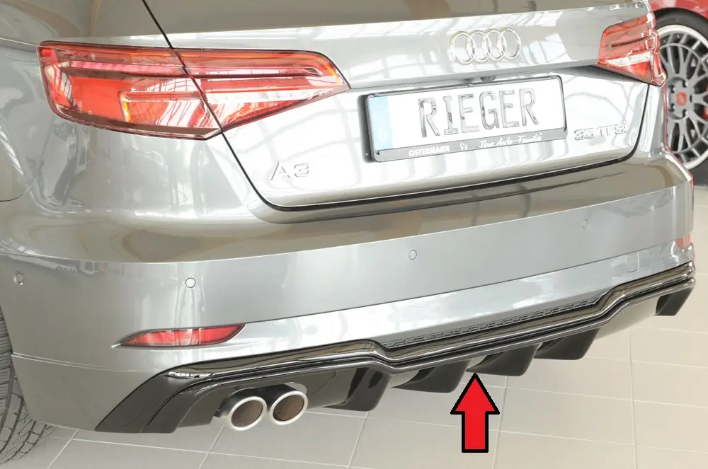 Sezónní Sleva Rieger vložka zadního nárazníku pro Audi A3 8V 3-dvéř. (hatchback 8V1), 5-dvéř. (sportback 8VA) po faceliftu, plast ABS lakovaný do černé lesklé barvy, pro dvojitou koncovku vlevo