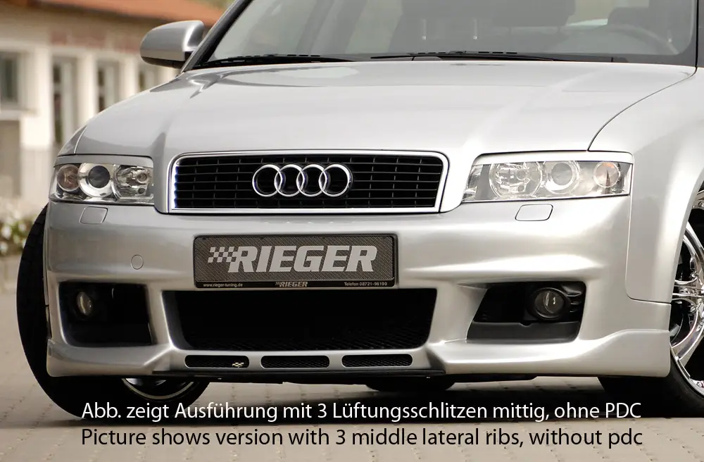 Rieger přední nárazník pro Audi A4 8E avant, sedan, plast ABS bez povrchové úpravy, bez žebrování, pro vozy s parkovacím asistentem (PDC) a mlhovými světly Autentický