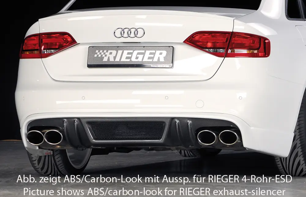 Zlevněný Rieger spoiler pod zadní nárazník pro Audi A4 B8, B81 avant, sedan před faceliftem r.v. 11/07-12/11, plast ABS bez povrchové úpravy, S-Line, pro koncovku vlevo