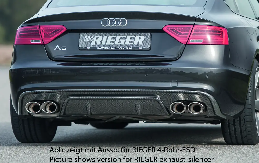 Rieger vložka zadního nárazníku pro Audi A5 B8, B81 Sportback po faceliftu, plast ABS s povrchovou úpravou Carbon-Look, S-Line, pro orig. dvojitou koncovku vlevo Pouze Dnes