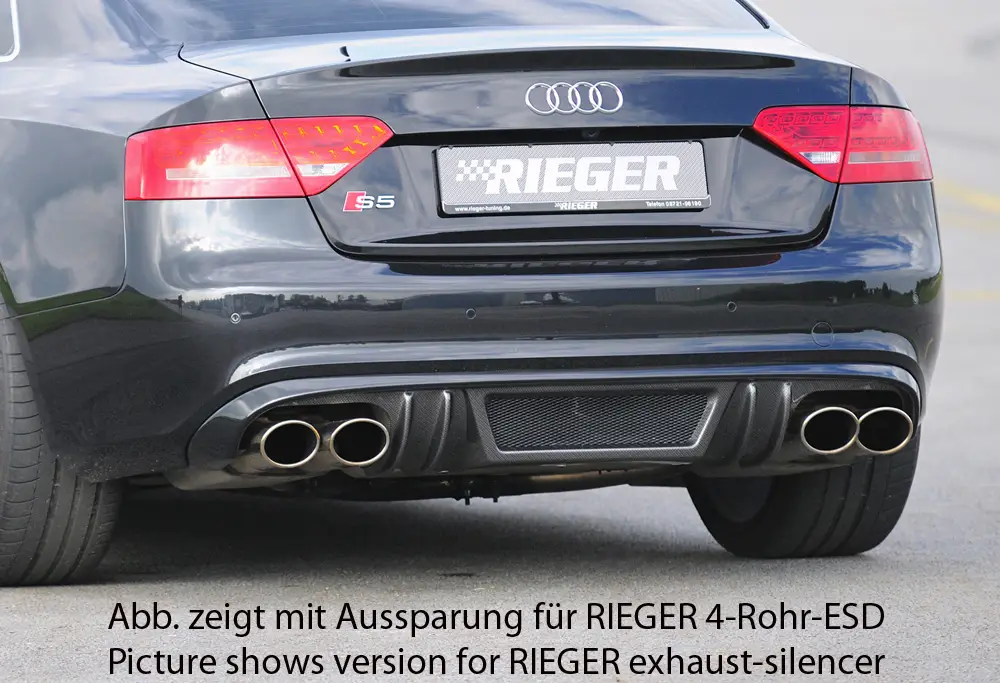 Oblíbený Rieger vložka zadního nárazníku pro Audi A5 B8, B81 Sportback před faceliftem, plast ABS s povrchovou úpravou Carbon-Look, S-Line, pro orig. dvojité koncovky na obou stranách