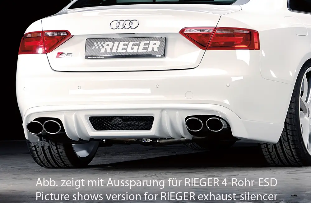 Objednat Nyní Rieger spoiler pod zadní nárazník pro Audi A5 S5 B8, B81 Sportback před faceliftem r.v. 06/07-07/11, plast ABS bez povrchové úpravy, S-Line, pro orig. koncovky na obou stranách