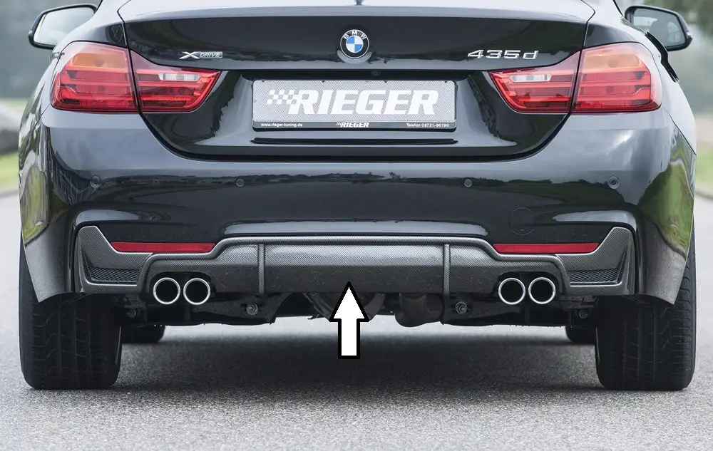 Vysoce Kvalitní Rieger vložka zadního nárazníku pro BMW řada 4 F32, F33, F36 coupe (3-dvéř.), gran coupe (5-dvéř.), kabriolet vč. faceliftu, plast ABS s povrchovou úpravou Carbon-Look, pro dvojité koncovky na obou stranách 4x76 mm vč. mřížky
