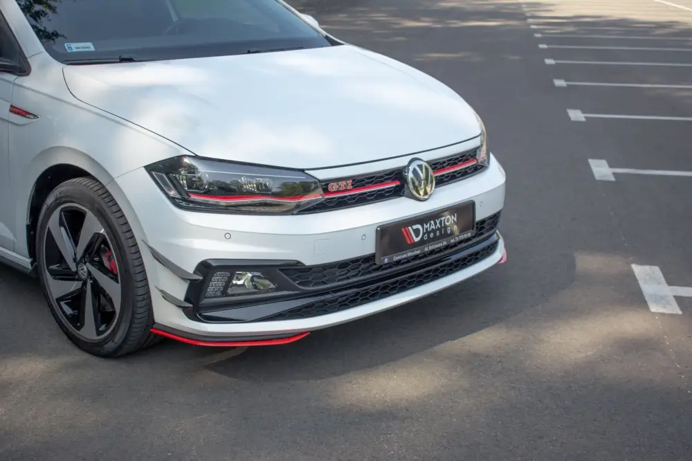 Aktuální Maxton Design spoiler pod přední nárazník ver.5 pro Volkswagen Polo GTI Mk6, červený lesklý plast ABS