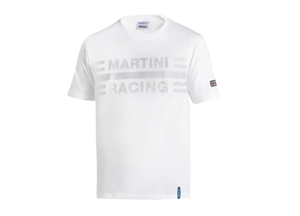 Zlevněný Sparco triko s velkým logem Martini Racing, barva bílá, velikost XS