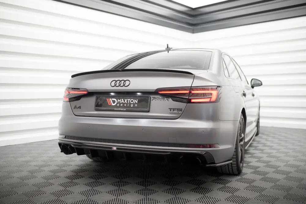 Maxton Design vložka zadního nárazníku pro Audi A4 B9, černý lesklý plast ABS, S-Line Sedan / S-line Avant, verze s jednoduchou koncovkou na jedné straně Speciální Cena