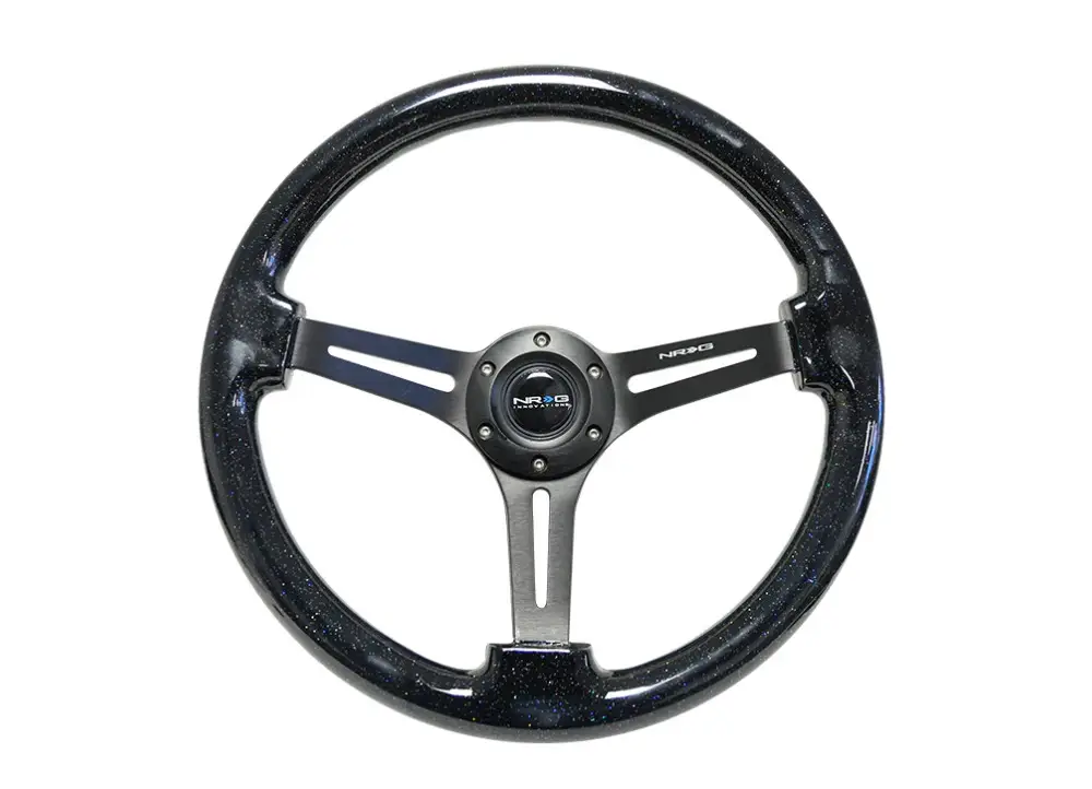 NRG Innovations sportovní dřevěný volant Wood Grain se zahnutím, průměr 350 mm, barva černý se třpytkami a černým středem Značkový