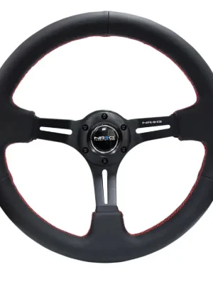 Ověřený NRG Innovations kožený sportovní volant Deep dish 350mm, barva černá s červeným prošitím