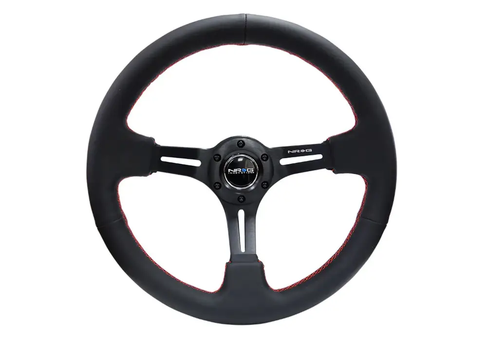 Ověřený NRG Innovations kožený sportovní volant Deep dish 350mm, barva černá s červeným prošitím
