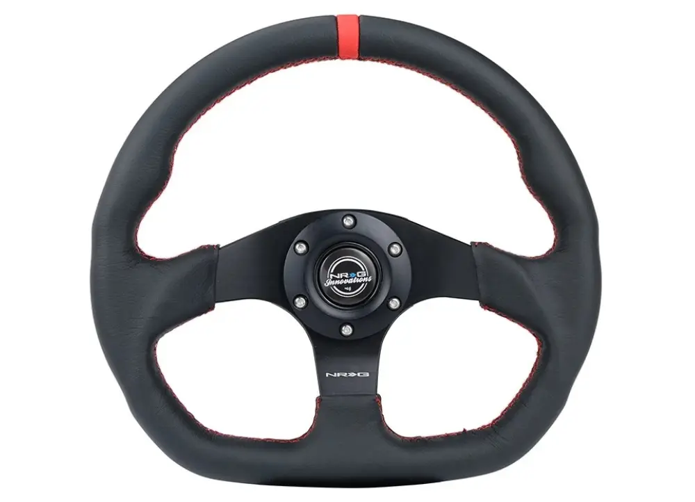 NRG Innovations sportovní kožený volant 024 Series s plochou spodní částí, barva černá s červeným středovým proužkem Akční Nabídka