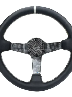 Ověřený NRG Innovations sportovní volant Deep dish s průměrem 350mm s karbonovým středem potažený v kůži, barva stříbrná se středovým proužkem