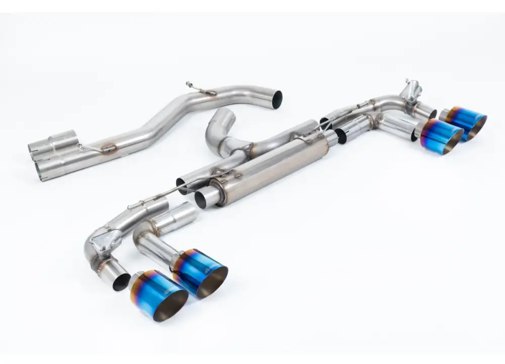 Pouze Dnes Milltek Sport výfukový systém cat-back Race System - 80mm bez rezonátoru (nejhlasitější) pro Audi S3 2.0TFSI Quattro Sportback 310PS 8Y (s OPF/GPF) 2020-2024, GT-115 leštěné koncovky, typ koncovek GT-115 titanové modré