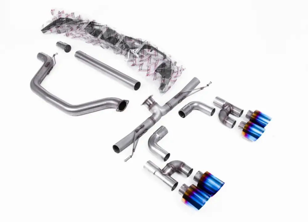Milltek Sport výfukový systém cat-back Golf R Style - Race (nejhlasitější) pro Volkswagen Golf Mk8 GTi (Golf R Style Quad Outlet Systems - 245ps bez GPF / North American modely) 2021-2024, GT-115 leštěné koncovky, typ koncovek GT-115 titanově modré Víkendová Akce