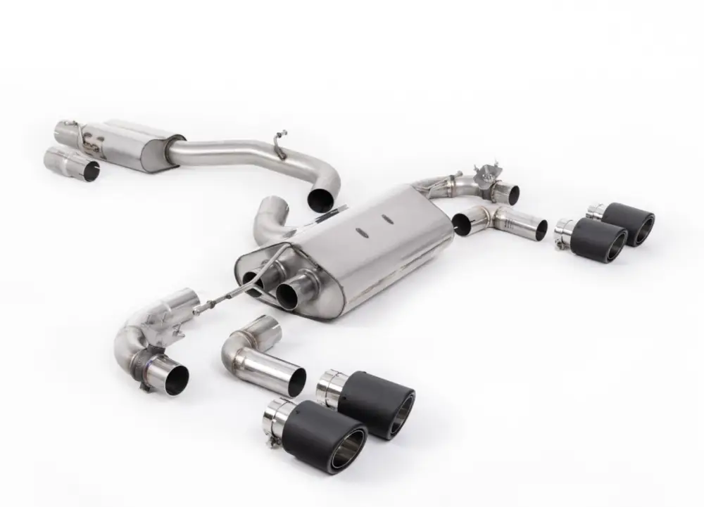 Autentický Milltek Sport výfukový systém cat-back 80mm / 3.15" Race s klapkami - s rezonátorem pro Volkswagen Golf Mk7.5 R 2.0 TSI 300PS (s GPF) - 80mm Race Systems 2019-2022, GT-100 kulaté leštěné koncovky, typ koncovek JET-100 karbonové