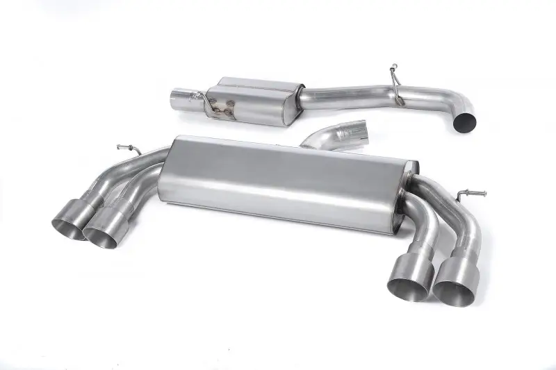 Milltek Sport výfukový systém cat-back Race system s rezonátorem (tišší) bez klapek pro Audi S3 2.0 TFSI quattro 3-dvéř. 8V/8V.2 (bez GPF) 2013-2018, dvojité, kulaté, leštěné koncovky, typ koncovek GT-100 titanové Vysoce Kvalitní