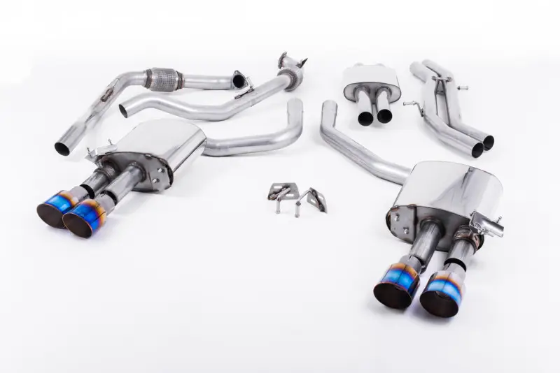 Značkový Milltek Sport homologovaný výfuk cat-back s rezonátorem pro Audi S5 3.0 V6 Turbo Sportback B9 (Sport Diff Models Only, without Brace Bars) 2017-2024, GT-100 dvojité leštěné koncovky, typ koncovek GT-100 titanové modré