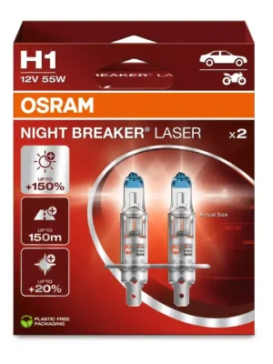 OSRAM NIGHT BREAKER LASER autožárovky - o 150% více světla, 2 ks v balení, patice H1 Zlevněný