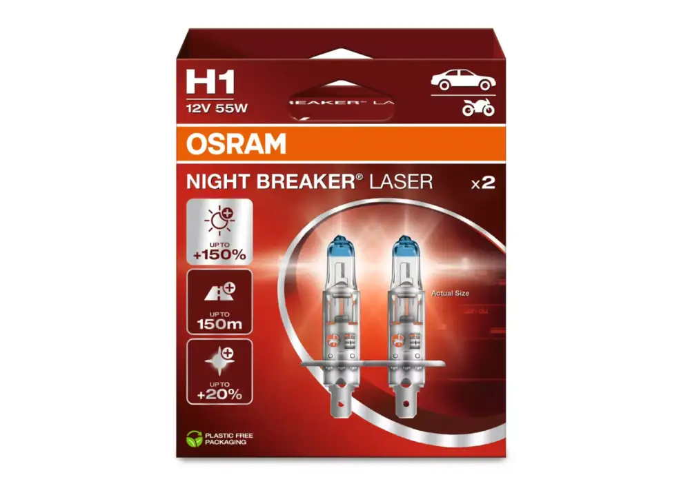 OSRAM NIGHT BREAKER LASER autožárovky - o 150% více světla, 2 ks v balení, patice H1 Zlevněný