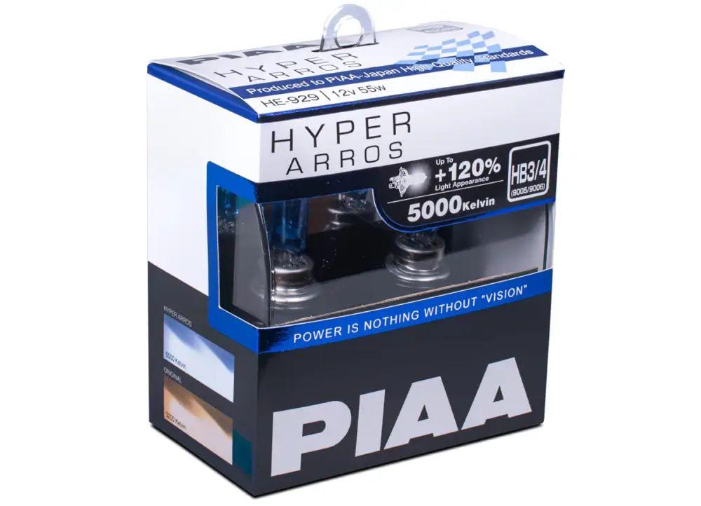 Poslední Šance Autožárovky PIAA Hyper Arros 5000K - o 120 % vyšší svítivost, jasně bílé světlo o teplotě 5000K, patice HB3/HB4