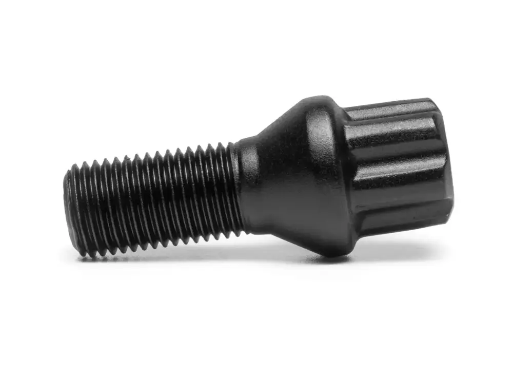 Nejprodávanější TPi Round Series kolový šroub, kuželová dosedací plocha, kytičkový tvar hlavy (17 mm), závit 14x1,5, délka závitu 28 mm, barva saténová černá