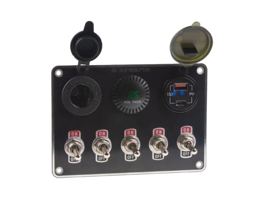 Cenová Bomba Panel s 5x spínači + 2x USB/Voltmetr a CL zásuvka, 12/24V