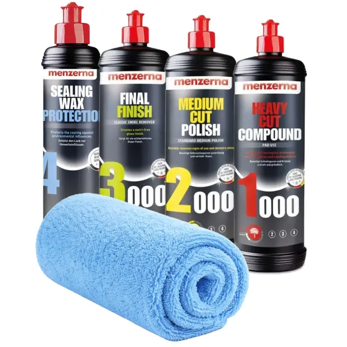 MENZERNA Sada lešticích past 1000 2000 3000 + vosk Sealing Wax Protection 4x250ml + mikrovláknová utěrka kompletní korekce a ochrana laku Objednat Nyní